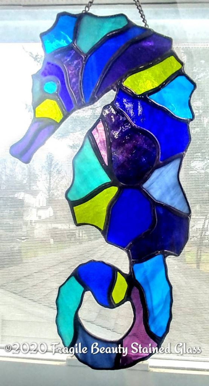 Stained Glass Seahorse Suncatcher Large Seahorse Stained Glass Art Blues Purples Lime Green Sea Horse Glass Art Suncatcher image 4