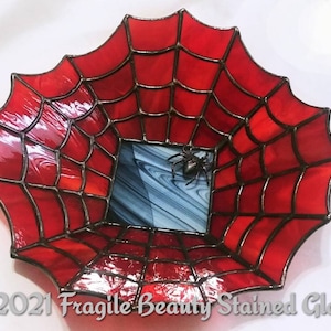 Stained Glass Spiderweb Bowl: Red Glass with Metal Spider