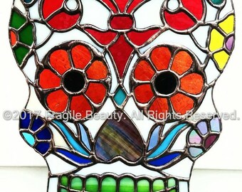 Sugar Skull Stained Glass - Day of the Dead Stained Glass - Skull Glass Art - Skull Suncatcher - Sarah Segovia - Fragile-Beauty - Spider web