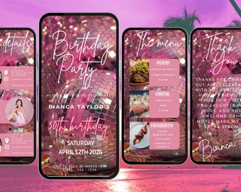 Invitation virtuelle rose d'anniversaire ,modèle modifiable,invitation numérique dîner d'anniversaire, invitation d'anniversaire en Français