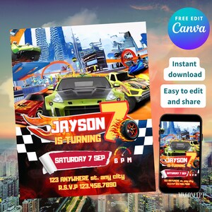 Bewerkbare Hot Cars-uitnodiging, Race Cars-uitnodiging, Race Car-verjaardagsfeestje, Autoverjaardagsuitnodiging, Afdrukbare digitale autosjabloon