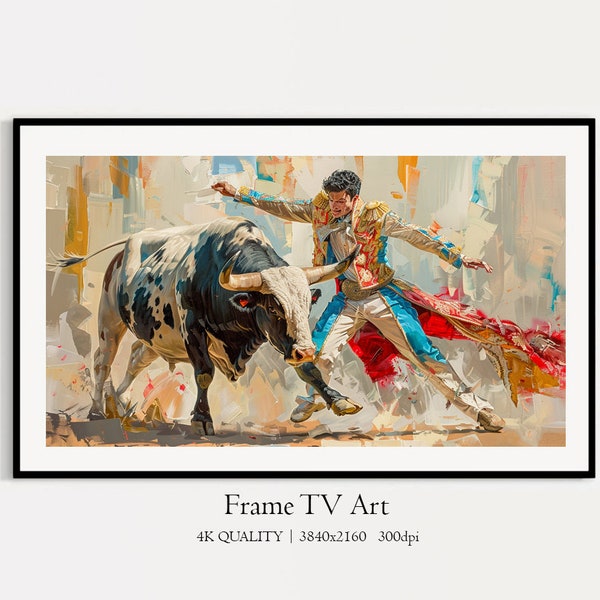 Bullfighter Samsung Frame TV Art, Digital Download, Bull and Toreador к in the Area, Oil Painting TV Art, Angry Bull, Spanish Bullfighting