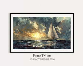 Samsung Frame TV Art, Sailboats Art For Tv, Sunset Frame TV, Sailboat at sea, Sailboat Painting TV Art, Instant Download Digital Print