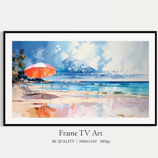 Summer Vacation Samsung Frame TV Art, Tropical Coastal Landscape, Digital Download Oil Painting Frame TV Art, Sea Beach Rest, Lounger TV Art