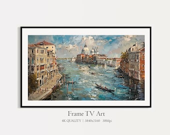 May include: A painting of a canal in Venice, Italy. The canal is lined with buildings and there are gondolas in the water. The painting is done in a painterly style with visible brushstrokes.