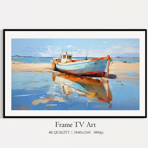 Fishing Boat Samsung Frame TV Art, Coastal Seascape TV Art, Digital Download Oil Painting TV Art, Boat near the shore, Fishing Schooner