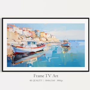 Fishing Boat Samsung Frame TV Art, Coastal Summer Art Digital Download, Maritime Oil Painting TV Art, Shore Boat, Fishing Schooner