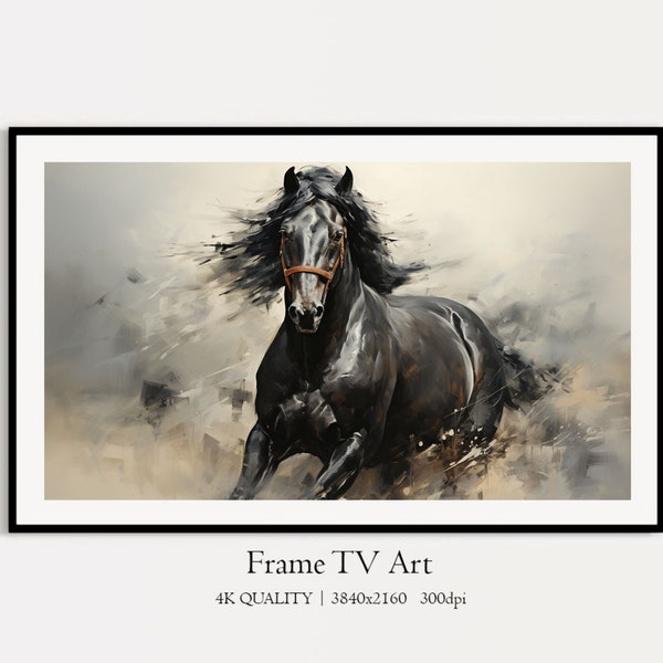 Vintage Collection Black Horse Frame TV Art, Horse Art Digital Download Oil Painting, Farmhouse Muted Colors TV Art, Black Steed Gallop Art