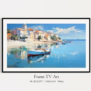 Sea Boat Samsung Frame TV Art, Coastal Summer Seascape Digital Download, Fishing Boat, Oil Painting TV Art, Shore Boat Frame TV Art
