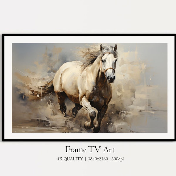 Vintage Collection Horse Gallop Frame TV Art, White Horse Art Digital Download Oil Painting, Summer Muted Colors Farmhouse Frame TV Art jpg