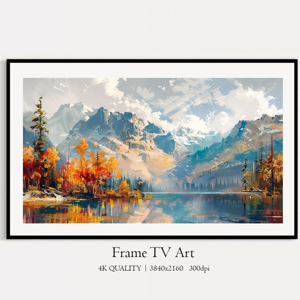 Autumn Wildlife Mountain Lake Samsung Frame TV Art, Digital Download Oil Painting, Mountains Landscape, Fall Sierra Nevada Range and Lake