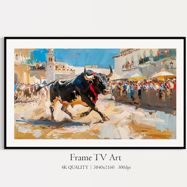 Bullfight Samsung Frame TV Art, Digital Download, Bull in the Area, Oil Painting TV Art, Angry Bullfighting Display Art, Corrida Square