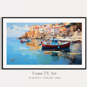 Boats in Marine Samsung Frame TV Art, Coastal Summer Scene, Digital Download Fishing Boat Oil Painting TV Art, Maritime Town Art TV