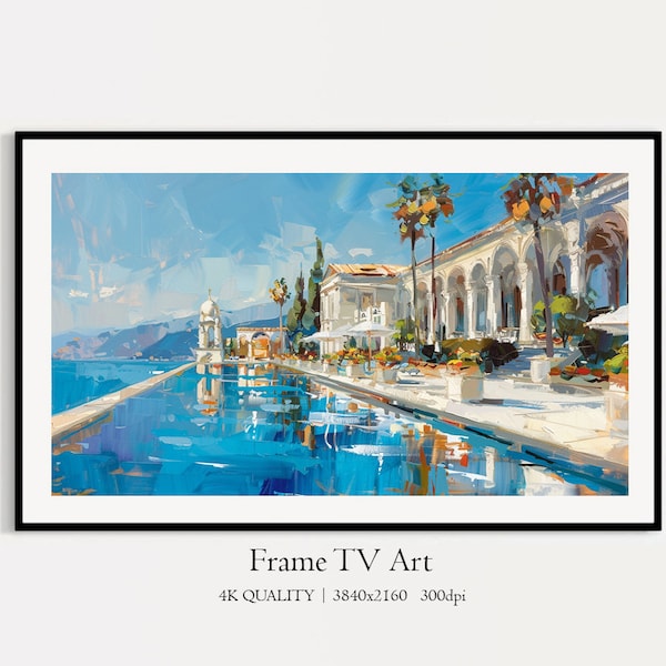 Summer Vacation at Villa with Pool in Sea Coastal Town Samsung Frame TV Art, Tropical Seascape Tv Art, Digital Download Frame Tv Art