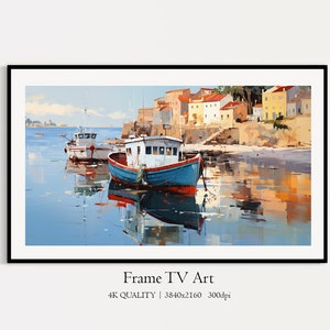 Boat in Marine Samsung Frame TV Art, Coastal Summer Digital Download Fishing Boat Oil Painting TV Art, Boat near the Shore, Fishing Schooner
