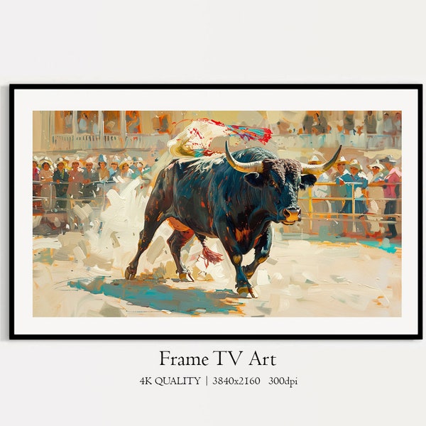 Art de la télévision cadre Samsung corrida, téléchargement numérique taureau dans la zone d'affichage de l'art TV, peinture à l'huile art TV, taureau en colère dans la corrida carré