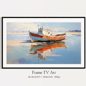 Boat at the Maritime Bay Samsung Frame TV Art, Coastal Summer Art, Digital Download Fishing Boat Oil Painting TV Art, Fishing Schooner TV