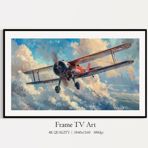 May include: A red and white biplane flies through a cloudy sky. The plane is painted with a red fuselage and white wings. The sky is a mix of blue, white, and gray clouds.