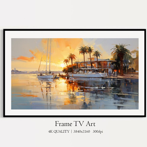 Island Tropical Yacht Club Art for Samsung Frame TV, Summer Coastal Sunset, Sailboat at Sea, Rich Watercolor Paints Instant Digital Download