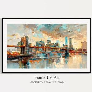Puede incluir: Una pintura del puente de Brooklyn en la ciudad de Nueva York con el horizonte de la ciudad en el fondo. El puente está iluminado con luces naranjas y el cielo es una mezcla de azul, naranja y gris. El agua refleja las luces de la ciudad.