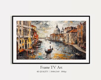 May include: A painting of a canal in Venice, Italy. The canal is lined with buildings, and there are gondolas in the water. The painting is done in a painterly style, with thick brushstrokes and vibrant colors.