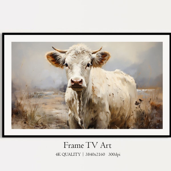 Vintage Farmhouse Cow Art Frame TV, Pale Colors Cow Art Tv, Digital Download Oil Painting, Summer Muted Colors Bull/Cow Frame TV Art jpg