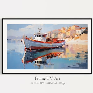 Nautical Samsung Frame TV Art, Coastal Summer Seascape Art, Digital Download, Fishing Boat Oil Painting TV Art, Boat near the Shore TV Art