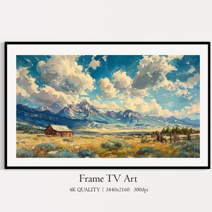 Peut inclure: Une peinture représentant une grange rouge dans un champ avec des montagnes en arrière-plan. Le ciel est bleu avec des nuages blancs. La grange est entourée d'herbe verte et d'arbres.