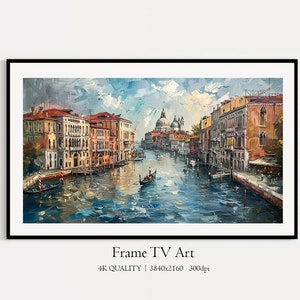 以下が含まれることがあります： イタリアのヴェネツィアの運河を描いた絵画。運河はカラフルな建物に囲まれ、水にはゴンドラが浮かんでいます。絵画は、筆跡がはっきりとした絵画的なスタイルで描かれています。