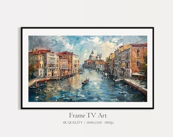 May include: A painting of a canal in Venice, Italy. The canal is lined with colorful buildings and there are gondolas in the water. The painting is done in a painterly style with visible brushstrokes.