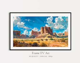May include: A digital painting of a desert landscape with red rock formations and a blue sky with white clouds.  There are four figures on horseback riding through the desert.