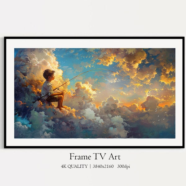 Sunset Fishing Boy in Clouds Frame TV Art, A Boy Sitting on the Clouds Catches Fish, Digital Download Oil Painting TV Art