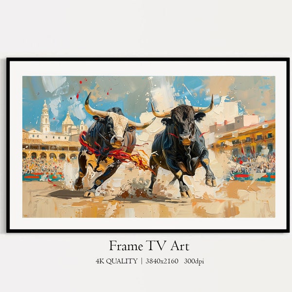 Bullfighting Samsung Frame TV Art, Digital Download Two Bulls Fight in the Area, Oil Painting Angry Bulls Display TV Art, Corrida Show Art