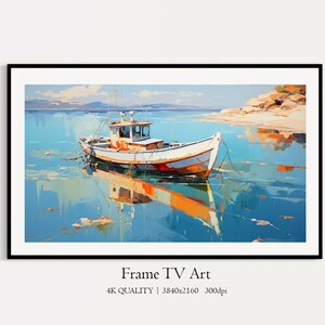 Nautical Art Samsung Frame TV Art, Boat at The Beach, Coastal Summer Frame TV Art, Digital Download Fishing Boat Oil Painting TV Art