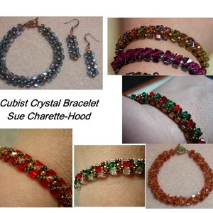May include: A collection of five beaded bracelets in various colors, including red, green, blue, and purple. The bracelets are made with small square beads and feature a cubist design. The text "Cubist Crystal Bracelet Sue Charette-Hood" is displayed below the bracelets.