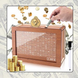 Wooden Countdown Money Saving Box Piggy Bank with Number Display, Unique Gift for Kids & Adults  Budgeting - Savings Challenge