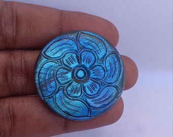 Blue Labradorite round carving | Hand-Carved Gemstone Decor (35x35x8) 79ct .