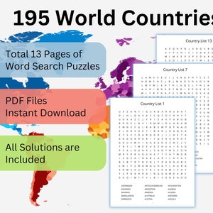 World Country Names Word Search Puzzle: Geography Activity (Printable PDF)