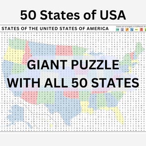 Sopa de letras gigante de los 50 estados de EE. UU. Póster imprimible. Actividad de geografía para la educación en casa. Actividad divertida para el aula. Encuentra tu estado.