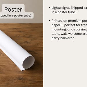 K&ouml;nnte beinhalten: Ein wei&szlig;es, zylindrisch gerolltes Poster aus Papier. Das Bild enth&auml;lt den Text: Poster (Shipped in a poster tube), Lightweight. Shipped carefully in a poster tube., Printed on premium poster paper &mdash; perfect for framing, mounting, or displaying on a table, wall, welcome area, or party backdrop.