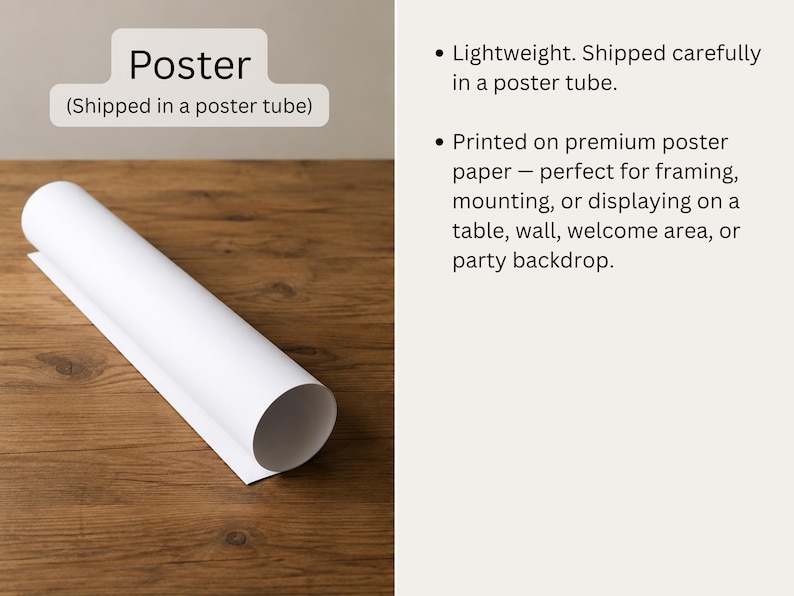 K&ouml;nnte beinhalten: Ein wei&szlig;es, zylindrisch gerolltes Poster aus Papier. Das Bild enth&auml;lt den Text: Poster (Shipped in a poster tube), Lightweight. Shipped carefully in a poster tube., Printed on premium poster paper &mdash; perfect for framing, mounting, or displaying on a table, wall, welcome area, or party backdrop.
