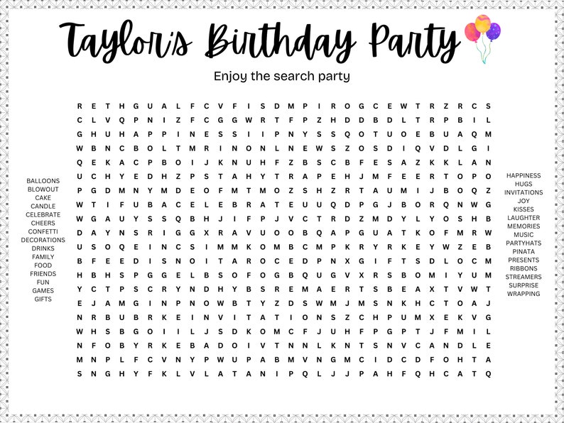 Personalized Custom Giant Word Search Printable Poster. Birthday Party ...