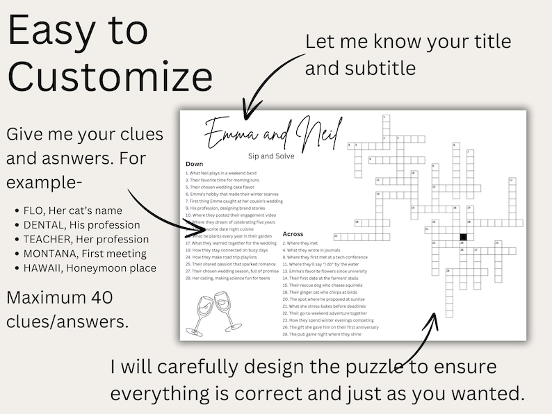Custom Crossword Puzzle for Wedding Reception Games. Giant Crossword Puzzle Poster Foam Board for Wedding Activity