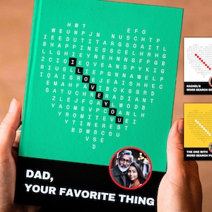 Könnte beinhalten: Ein türkisfarbener Buchumschlag mit einem herzförmigen Wortsuchrätsel, bei dem die hervorgehobenen Buchstaben I LOVE YOU bilden. Unter dem Rätsel steht der Text DAD, YOUR FAVORITE THING. Ein kreisförmiges Foto zeigt einen Mann und eine Frau.