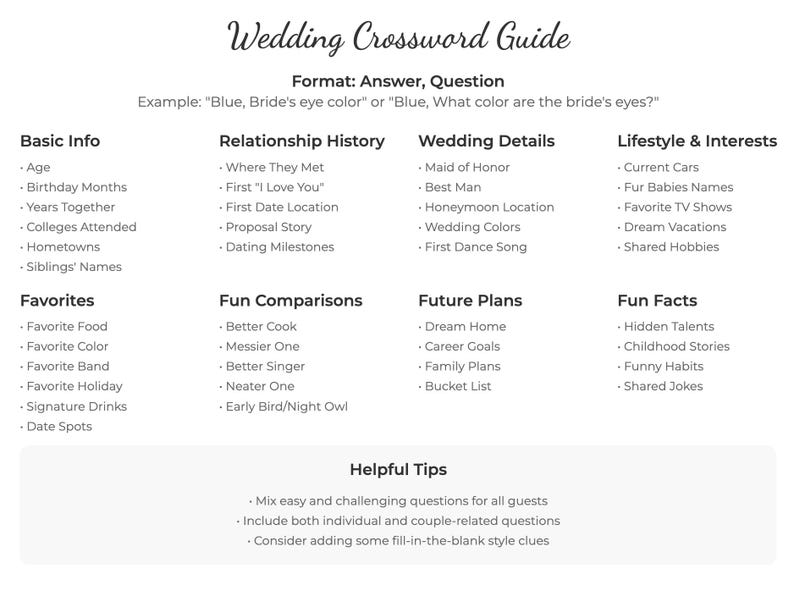 Custom Crossword Puzzle for Wedding Reception Games. Giant Crossword Puzzle Poster Foam Board for Wedding Activity