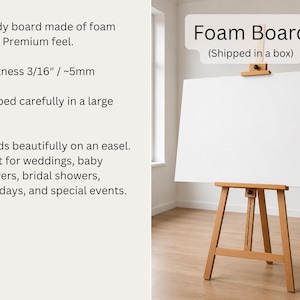 K&ouml;nnte beinhalten: Eine rechteckige wei&szlig;e Schaumstoffplatte mit einer St&auml;rke von 5 mm, die auf einer hellbraunen Holzstaffelei steht. Der Text "Foam Board" ist in einem grauen Textfeld &uuml;ber der Platte zu sehen, darunter steht "Shipped in a box".