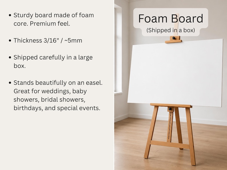K&ouml;nnte beinhalten: Eine rechteckige wei&szlig;e Schaumstoffplatte mit einer St&auml;rke von 5 mm, die auf einer hellbraunen Holzstaffelei steht. Der Text "Foam Board" ist in einem grauen Textfeld &uuml;ber der Platte zu sehen, darunter steht "Shipped in a box".