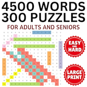 Puede incluir: Un libro de búsqueda de palabras con el texto "4500 PALABRAS 300 PUZZLES PARA ADULTOS Y PERSONAS MAYORES". Incluye las etiquetas "Fácil y Difícil" y "Letra Grande". La cuadrícula del rompecabezas es visible.