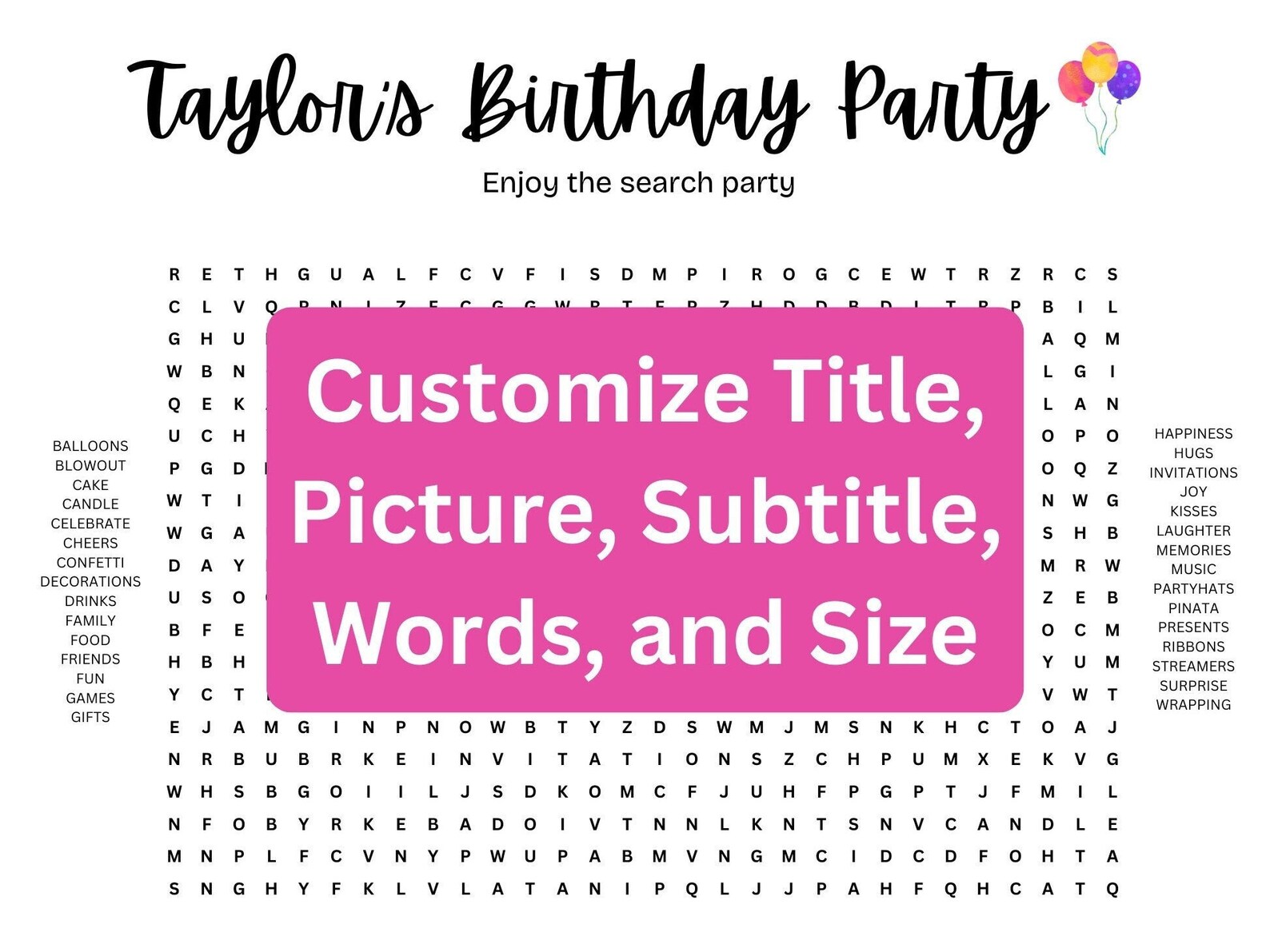 Personalized Custom Giant Word Search Printable Poster. Birthday Party ...