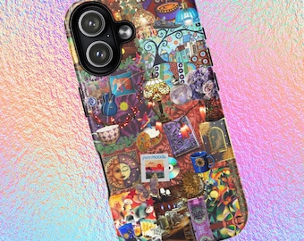 May include: A colorful phone case with a collage design. The case features a variety of images, including a sun, a guitar, a teacup, and the text "pure moods". The case has a glossy finish and a black camera cutout.